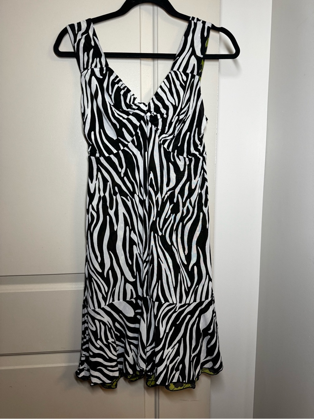 Reversible CAbi Black and White Zebra Print and Green Floral Sleeveless Dress